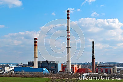 Industrial landscape. Thermal power plant with smoking from high chimneys. Ecological danger Editorial Stock Photo