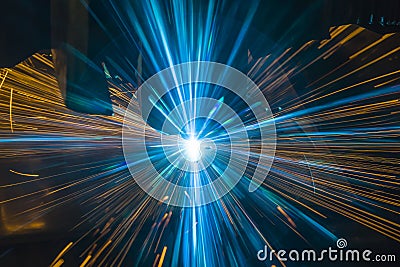 Industrial Laser cutting processing manufacture technology of flat sheet metal steel material with sparks Stock Photo