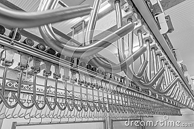 Industrial loading dock area inside cold storage warehouse. Meat hanging hooks hanging on the rail system Stock Photo