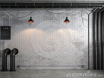 Industrial loft style empty room with white brick wall 3d render Stock Photo