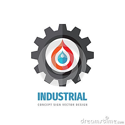 Industrial logo template design. Gear icon. Water drop & fire flame. Industry factory concept sign. Power energy fuel. Vector Vector Illustration