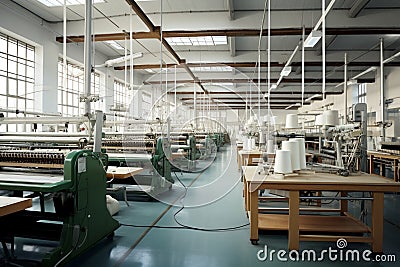Industrial machinery clothes machine workers production working fabric factory manufacture technology labor textile Stock Photo