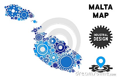 Mosaic Malta Island Map of Gears Vector Illustration