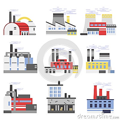 Industrial manufactory buildings set, power and chemical plant, factory vector illustrations Vector Illustration