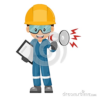 Industrial mechanic worker making an announcement with a megaphone with notepad. Supervising engineer with personal protective Vector Illustration