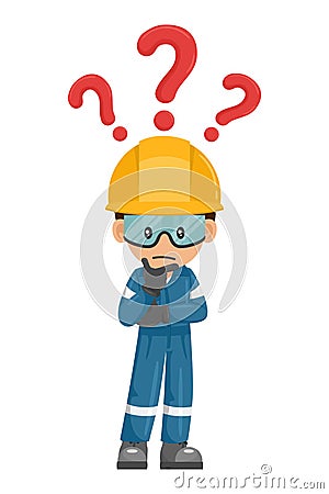 Industrial mechanic worker worker pensive and expressing doubt with question sign for FAQ concept. Engineer with his personal Vector Illustration