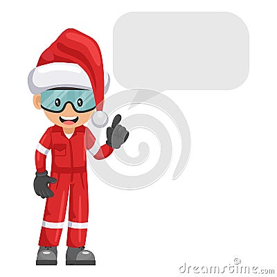Industrial mechanic worker with Santa Claus hat with dialog box vignette with copy space for text for advertising, brochures. Vector Illustration
