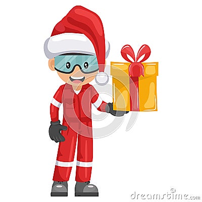 Industrial mechanic worker with Santa Claus hat with his personal protective equipment with gift box. Merry christmas. Safety Vector Illustration