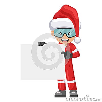 Industrial mechanic worker with Santa Claus hat holding a banner with space for text for advertising, presentations, brochures. Vector Illustration