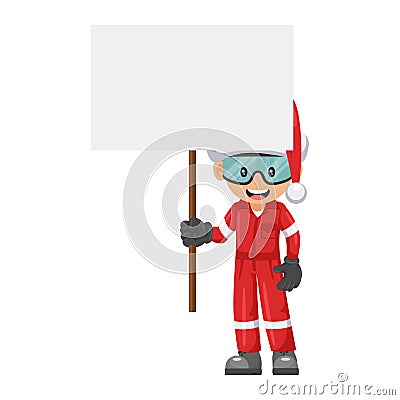 Industrial mechanic worker with Santa Claus hat holding a banner with space for text for advertising, presentations, brochures. Vector Illustration