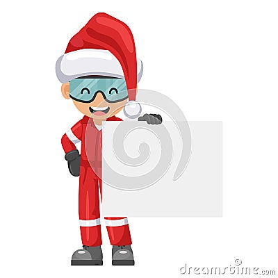 Industrial mechanic worker with Santa Claus hat holding a banner with space for text for advertising, presentations, brochures. Vector Illustration
