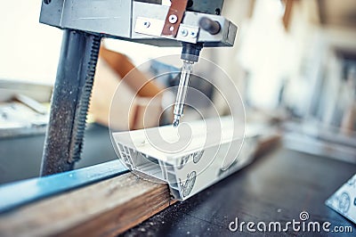 Industrial metal drilling tool in factory. Metal industry Stock Photo