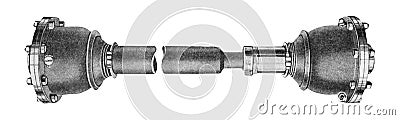 Industrial metal part isolated over white. Propeller Drive Shaft of a Retro Car. Stock Photo