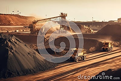Industrial Mining Facility with Excavators and Ore Transport Stock Photo