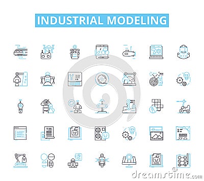 industrial modeling linear icons set. Factories, Manufacturing, Assembly, Automation, Robotics, D printing, Engineering Vector Illustration