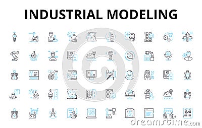 industrial modeling linear icons set. Factories, Manufacturing, Assembly, Automation, Robotics, D printing, Engineering Vector Illustration
