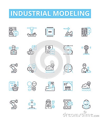 industrial modeling vector line icons set. Industrial, Modeling, Manufacturing, Process, Factory, Simulation, Analysis Cartoon Illustration