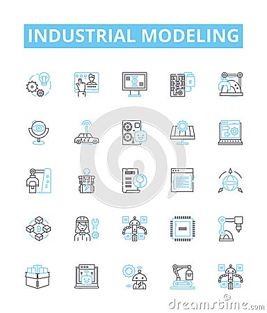 industrial modeling vector line icons set. Industrial, Modeling, Manufacturing, Process, Factory, Simulation, Analysis Vector Illustration
