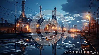 Industrial oil refinery petrochemical chemical plant with equipment at night. AI generated Stock Photo
