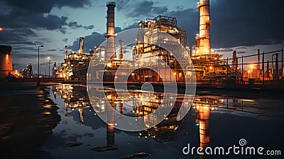 Industrial oil refinery petrochemical chemical plant and tall pipes at night. AI generated Stock Photo