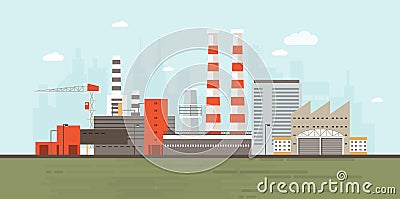 Industrial park or zone with factory buildings, manufacturing structures, power plants, warehouses, cooling towers Vector Illustration