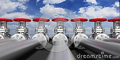 Industrial pipelines and valves on blue sky background, banner. 3d illustration Cartoon Illustration