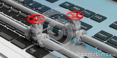 Industrial pipelines and valves on computer keyboard. 3d illustration Cartoon Illustration