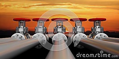 Industrial pipelines and valves on sky at sunset background, banner. 3d illustration Cartoon Illustration