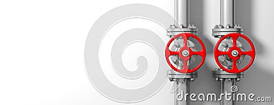 Industrial pipelines and valves on white wall background, banner, copy space. 3d illustration Cartoon Illustration