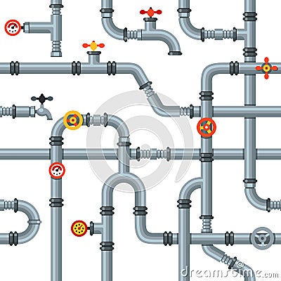 Industrial pipes seamless pattern. Pipe valves and taps, drain cooling or heating system pipelines gas pressure gauge Vector Illustration