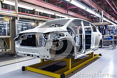 industry technology transportation machine industrial factory automobile automotive assembly car. Generative AI. Stock Photo