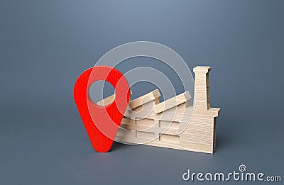 Industrial plant and red location pin. Domestic manufacturer factory. Concept of the location of production facilities. Stock Photo