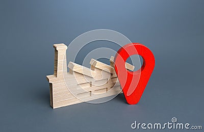 Industrial plant and red location pin. Ð¡oncept of the location of production facilities. Logistics, access to infrastructure Stock Photo