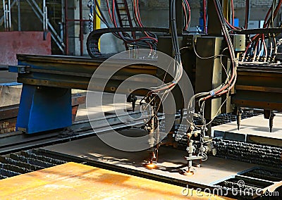 Industrial plasma cutting of metal plate. Closeup Stock Photo