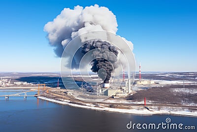 Industrial pollution chimneys emit smoke, polluting air, trees, homes, people wear masks Stock Photo