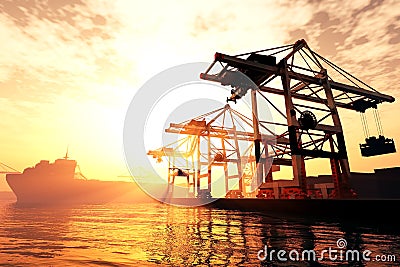 Industrial Port Sunset Sunrise 3D render 2 Stock Photo