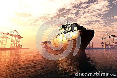 Industrial Port Sunset Sunrise 3D render 3 Stock Photo