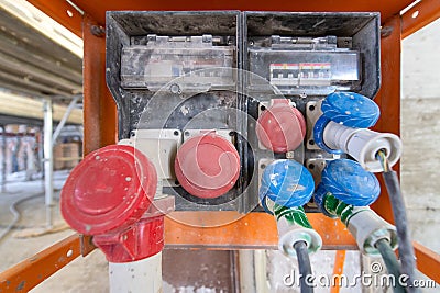 Industrial power outlets at a construction site Stock Photo