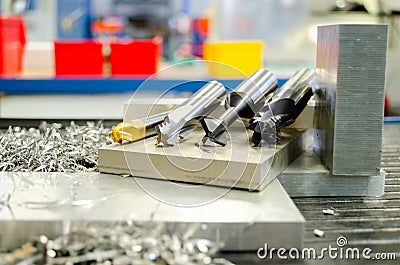 Industrial precision tools for metalworking industry. CNC cutters and drills. Stock Photo