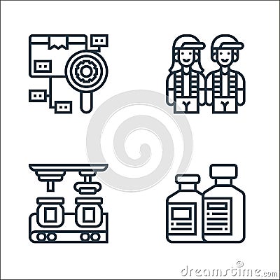 industrial process line icons. linear set. quality vector line set such as bottles, assembly, worker Vector Illustration