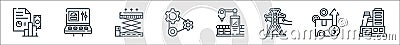 Industrial process line icons. linear set. quality vector line set such as factory, box, power line, machine, cogwheels, lift, Vector Illustration