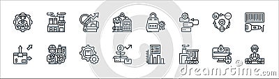 industrial process line icons. linear set. quality vector line set such as worker, manufacture, growth, distribution, workflow, Vector Illustration