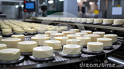 Industrial production of hard round cheeses. Closeup production line. Stock Photo