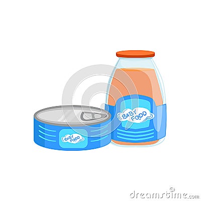 Industrial Products, Tin Can With Meat And Glass Bottle With Juice Supplemental Baby Food Products Allowed For First Vector Illustration
