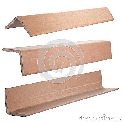 Industrial protection cardboard corner for protecting items during transport. Set of three product angles. Stock Photo
