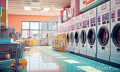 Industrial public laundry with washing machines in row on tiled floor in bright room Stock Photo