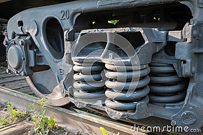 Industrial rail car wheels closeup photo. freight train wheel Stock Photo