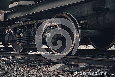 Industrial rail train wheels closeup Stock Photo