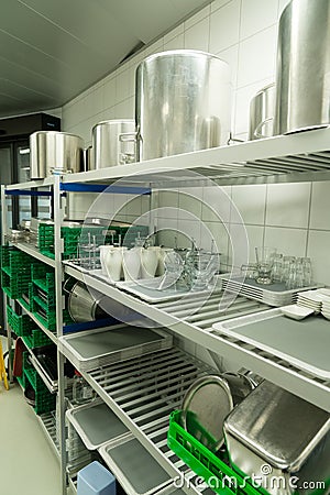 Industrial restaurant kitchen with equipment needed for cooking and cleaning Stock Photo