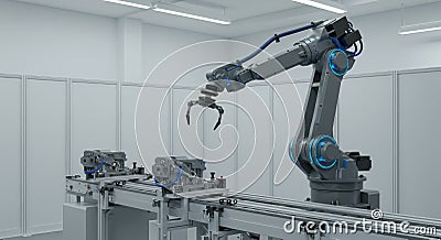Industrial Robot Arm Automation System A robotic arm performs automated tasks on a modern assembly line in a clean bright Stock Photo